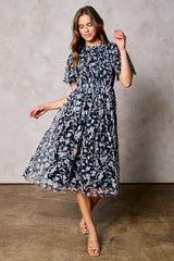 Black Floral Smocked Mesh Knit Maternity Midi Dress from PinkBlush