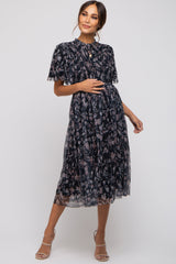 Black Floral Smocked Mesh Knit Maternity Midi Dress from PinkBlush