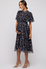 Black Floral Smocked Mesh Knit Maternity Midi Dress from PinkBlush
