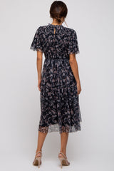 Black Floral Smocked Mesh Knit Maternity Midi Dress from PinkBlush