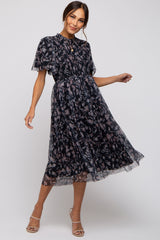 Black Floral Smocked Mesh Knit Maternity Midi Dress from PinkBlush