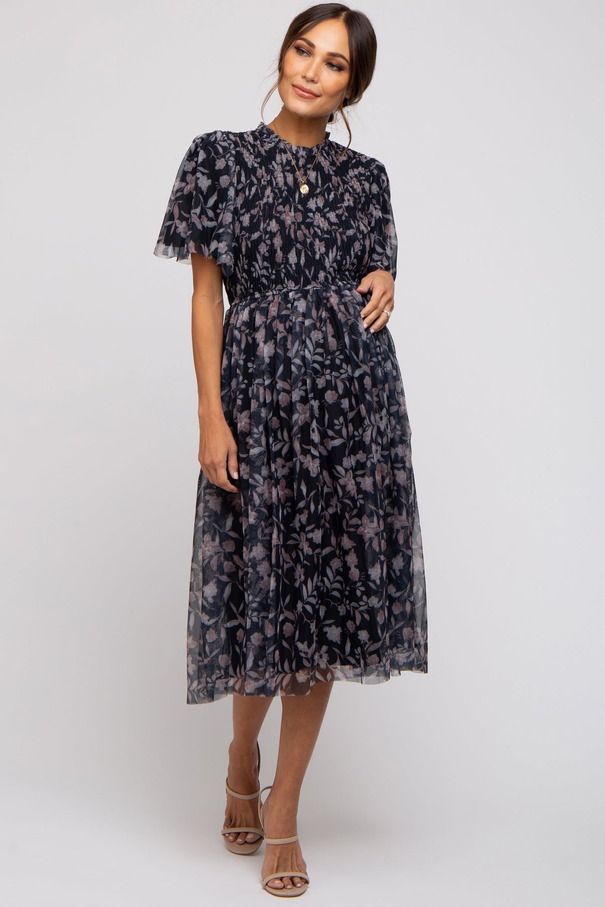 Black Floral Smocked Mesh Knit Maternity Midi Dress from PinkBlush