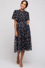 Black Floral Smocked Mesh Knit Maternity Midi Dress from PinkBlush