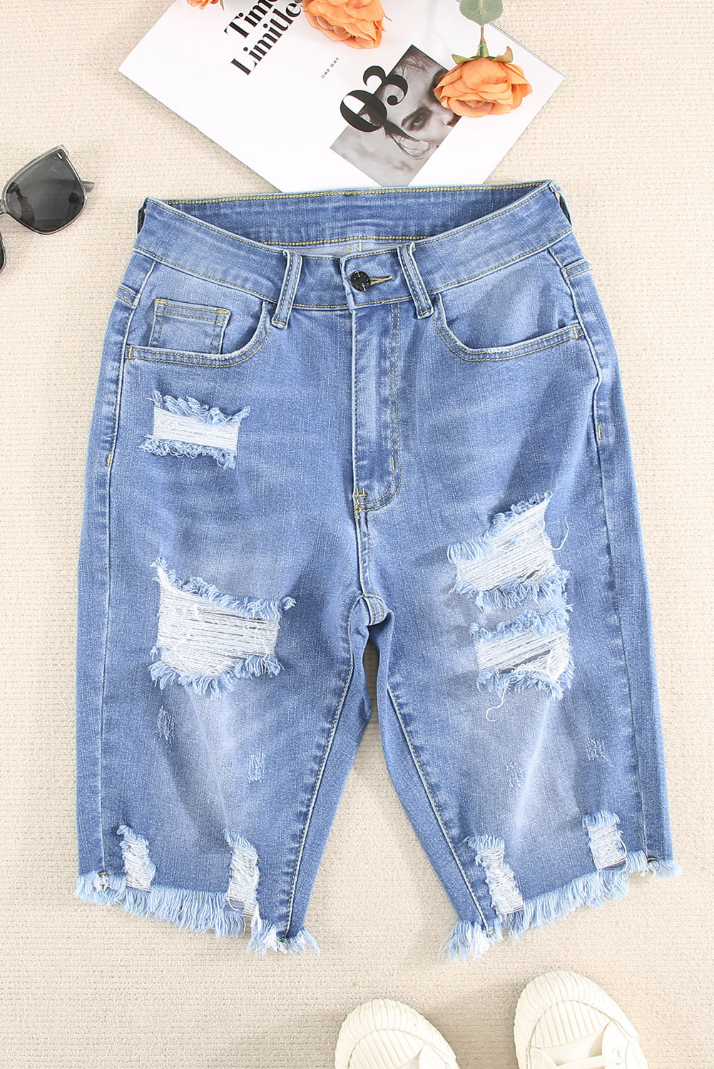 Blue Raw Hem Denim Jorts with Distressed Details, Mid-Stretch Slash Pockets Bermuda Denim Shorts, Women's Denim Jeans & Apparel from MsDressly