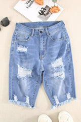 Blue Raw Hem Denim Jorts with Distressed Details, Mid-Stretch Slash Pockets Bermuda Denim Shorts, Women's Denim Jeans & Apparel from MsDressly