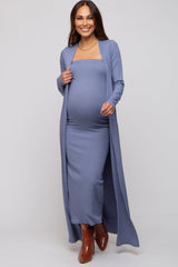 Blue Ribbed Sleeveless Dress Cardigan Maternity Set from PinkBlush