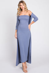 Blue Ribbed Sleeveless Dress Cardigan Maternity Set from PinkBlush