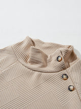 Apricot Textured High Neck Sweatshirt with Unique Asymmetrical Buttons from MsDressly