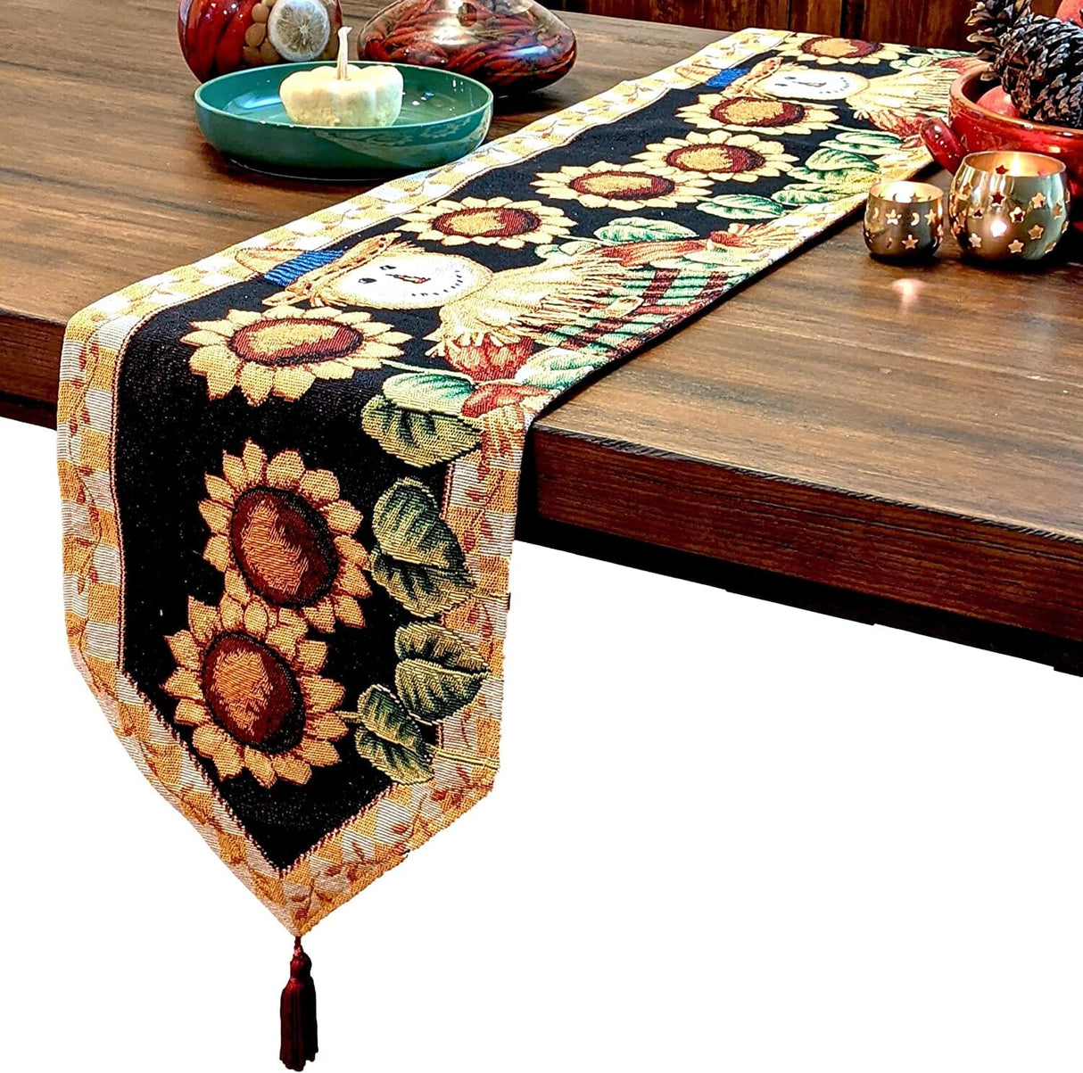 Tache Sunflower Field Scarecrow Autumn Harvest Woven Tapestry Table Runners (11712TR)