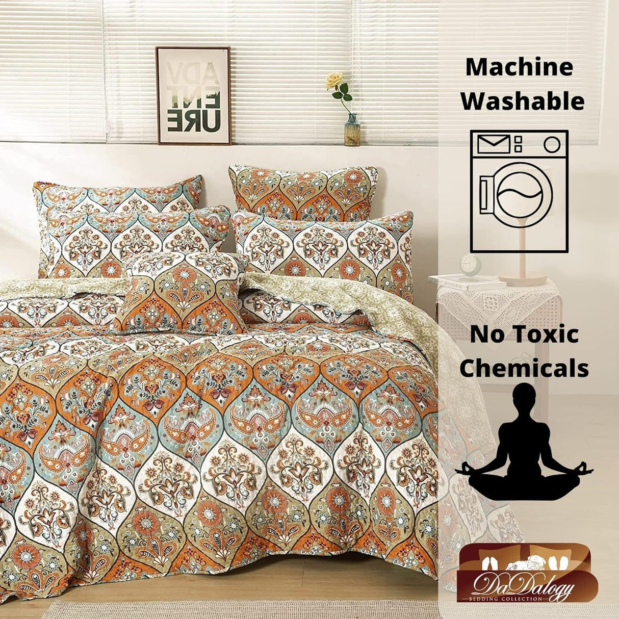 DaDa Bedding Bohemian Floral Paisley Garden Coral Teal Quilted Bedspread Set (LH1403) from DaDalogy Bedding Collection