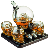 Skull Skeleton Wine & Whiskey Globe Decanter Set 850 mL With 4 Skull Head 3oz Skeletons Shot Glasses And Skull Chillers Wooden Base Decor Glass Goth Spooky Drinking Glassware from The Wine Savant