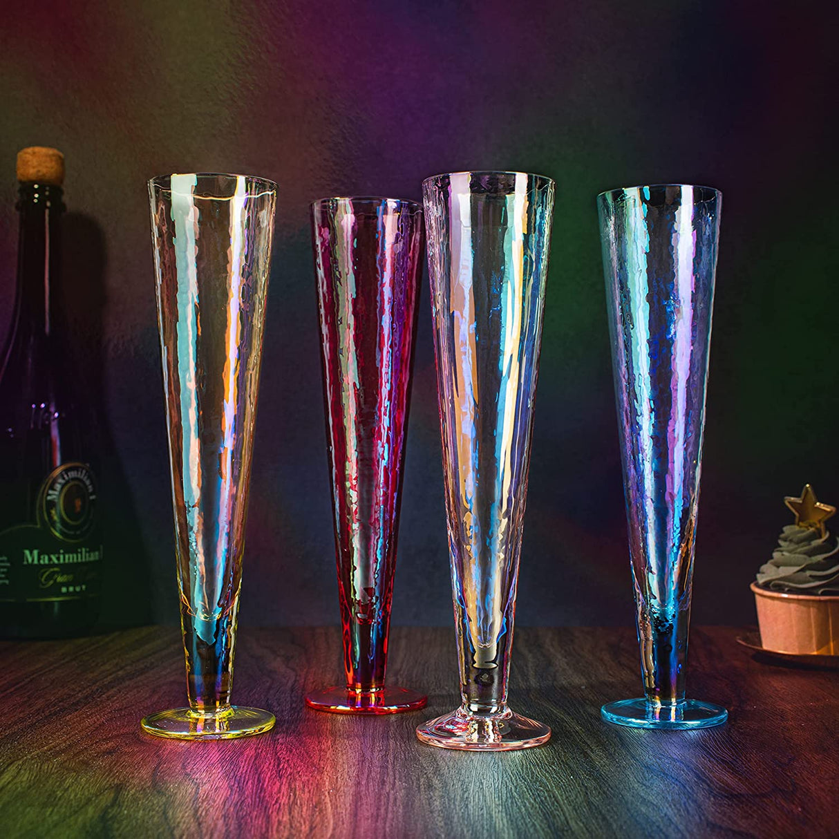Champagne Flutes, Iridescent Crystal Glass, Holiday Iridescent Champagne Flutes - Set of 4 - 10" Stemmed Champagne Flute Romantic Toasting Colored Glasses, Mimosa Glassware, Weddings - 8 oz Capacity from The Wine Savant