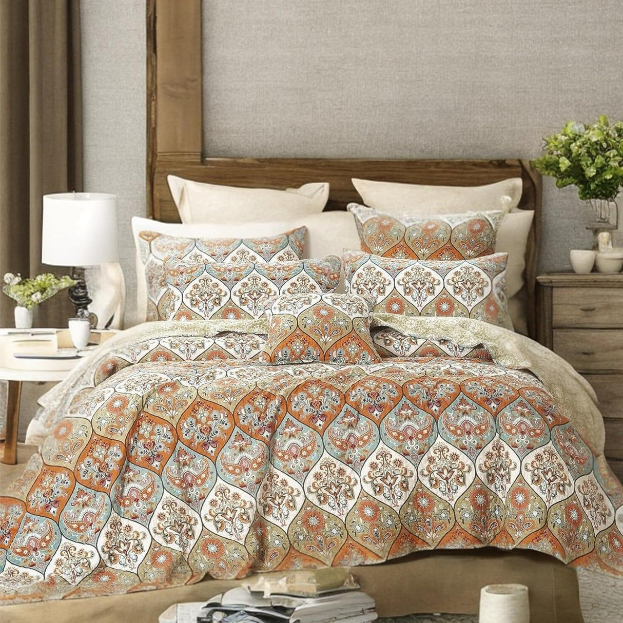 DaDa Bedding Bohemian Floral Paisley Garden Coral Teal Quilted Bedspread Set (LH1403) from DaDalogy Bedding Collection