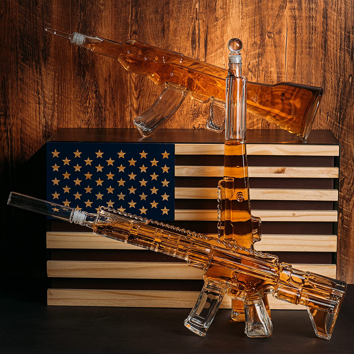3 Gun Whiskey Decanters Set AR15, AK47, & Rifle Gun Decanter Set 1000ml by The Wine Savant - Veteran Gifts, Home Bar, Gun Lover Gifts, Tik Tok Gun Decanter, Military Gifts Gifts for Dad… from The Wine Savant