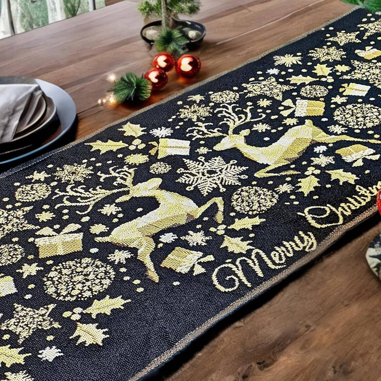 DaDa Bedding Magical Golden Reindeer Woven Tapestry Dining Table Runner (18272) from DaDalogy Bedding Collection