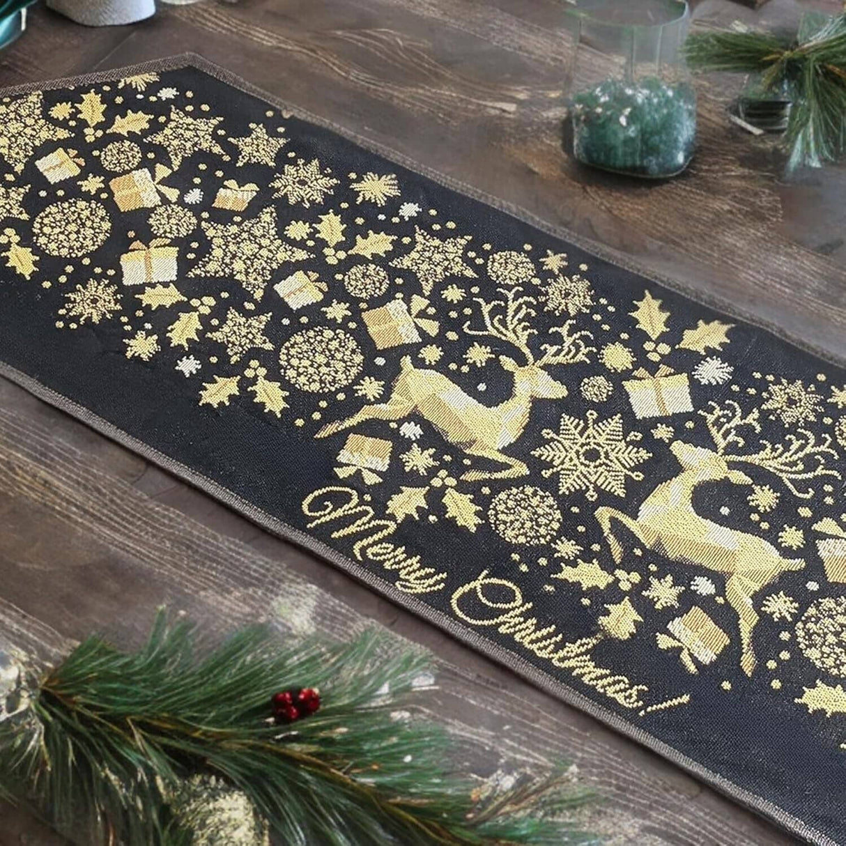 DaDa Bedding Magical Golden Reindeer Woven Tapestry Dining Table Runner (18272) from DaDalogy Bedding Collection