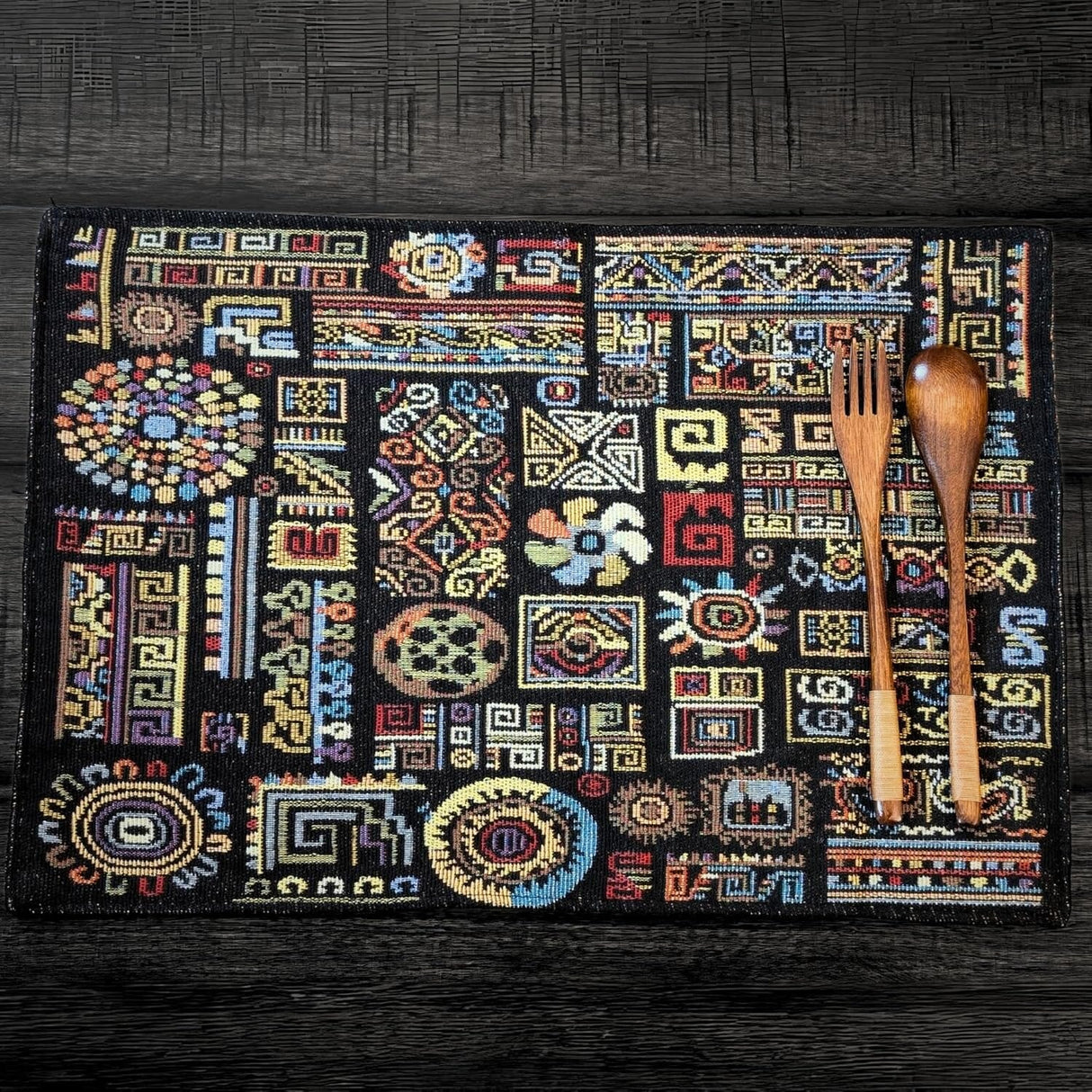 DaDa Bedding Set of 4-Pieces Ethnic Ornaments Geometric Black Tapestry Dining Placemats 13” x 19” (18118) from DaDalogy Bedding Collection