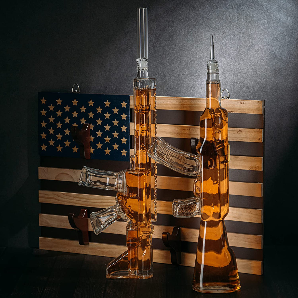 2 Gun Whiskey Decanters Set AR15 and AK47 Gun Decanter 1000ml American Flag Wall Rack by The Wine Savant - Veteran Gifts, Gun Lover Gifts, Tik Tok Gun Decanter, Military Gifts from The Wine Savant
