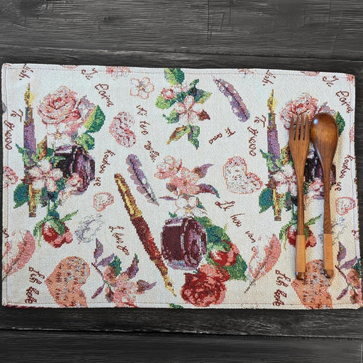 DaDa Bedding Set of 4-Pieces Sweet Love Notes Pink Floral Tapestry Dining Table Placemats 13” x 19” from DaDalogy Bedding Collection