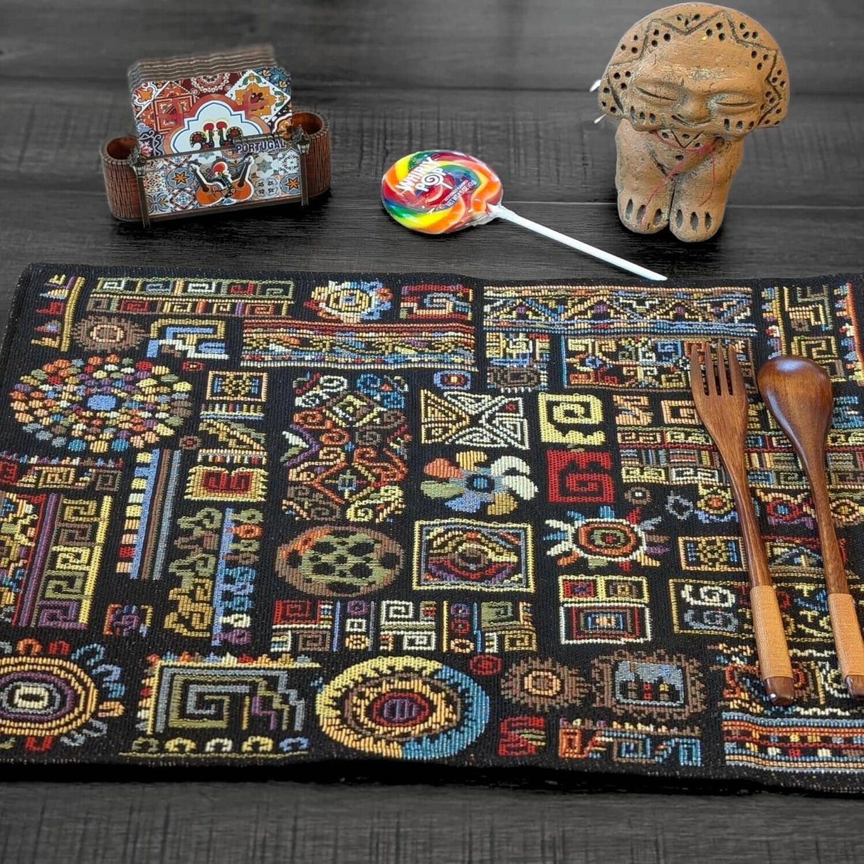 DaDa Bedding Set of 4-Pieces Ethnic Ornaments Geometric Black Tapestry Dining Placemats 13” x 19” (18118) from DaDalogy Bedding Collection