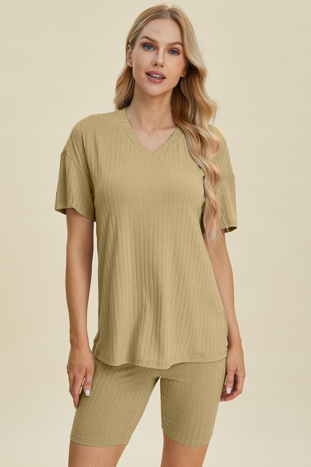 Basic Bae Full Size Ribbed V-Neck Short Sleeve Top and Shorts Set from Enfance-Heureuse
