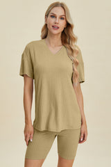 Basic Bae Full Size Ribbed V-Neck Short Sleeve Top and Shorts Set from Enfance-Heureuse
