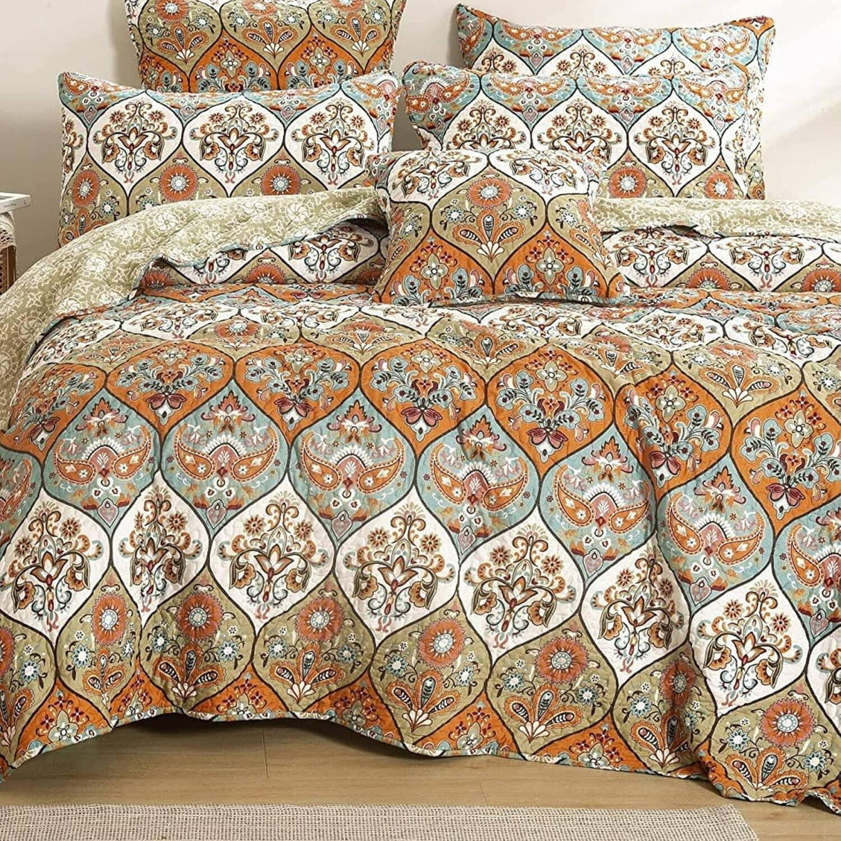 DaDa Bedding Bohemian Floral Paisley Garden Coral Teal Quilted Bedspread Set (LH1403) from DaDalogy Bedding Collection