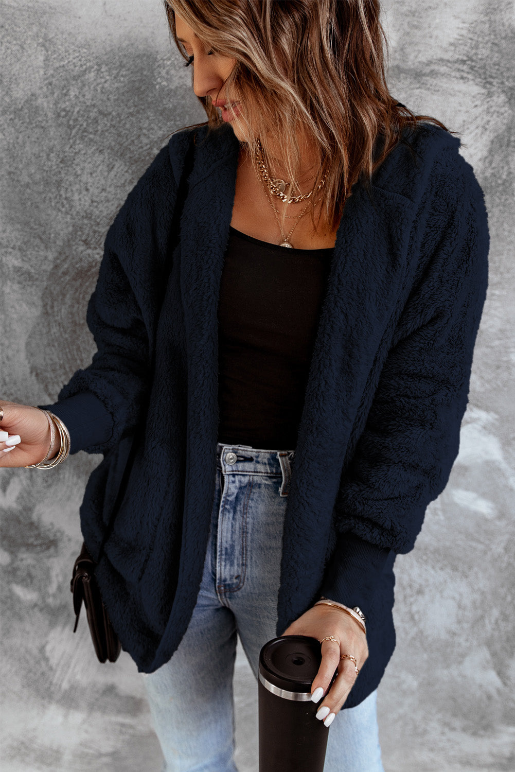 Blue Soft Fleece Hooded Open Front Coat From MsDressly