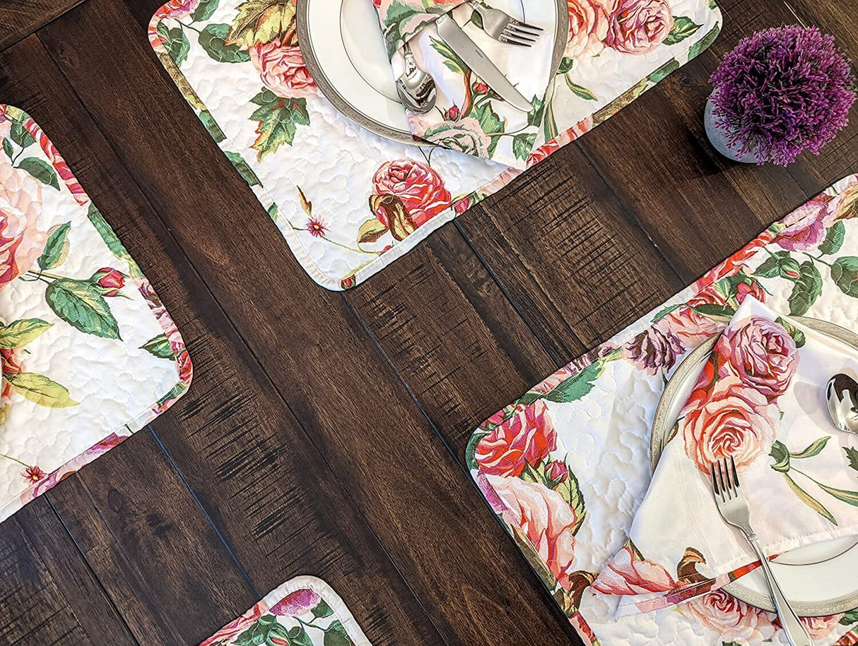 DaDa Bedding Set of 4-Pieces Romantic Roses Pink Floral Quilted Dining Placemats 13” x 19” (879) from DaDalogy Bedding Collection