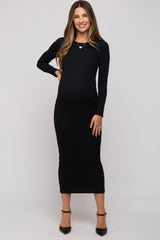 Black Ribbed Fitted Long Sleeve Maternity Midi Dress from PinkBlush