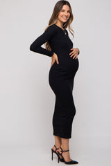 Black Ribbed Fitted Long Sleeve Maternity Midi Dress from PinkBlush