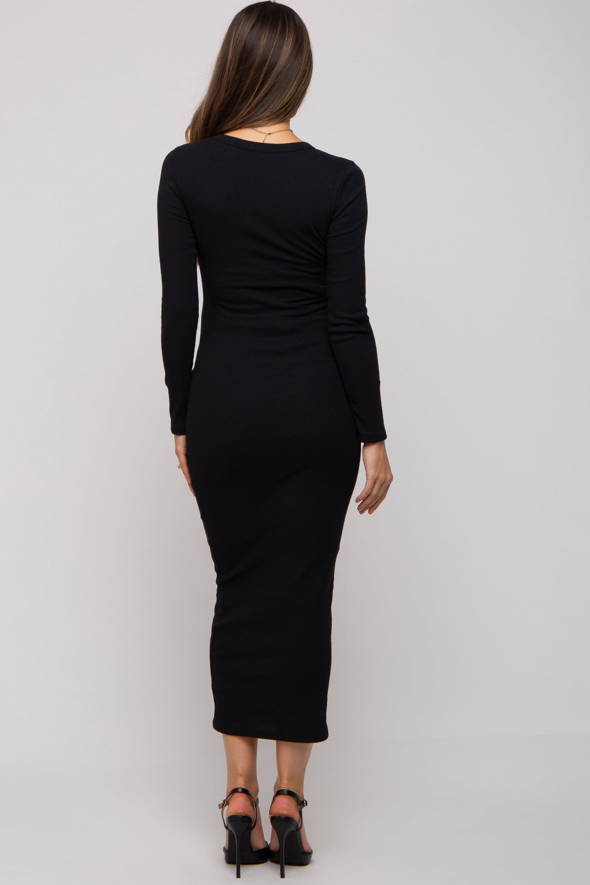Black Ribbed Fitted Long Sleeve Maternity Midi Dress from PinkBlush