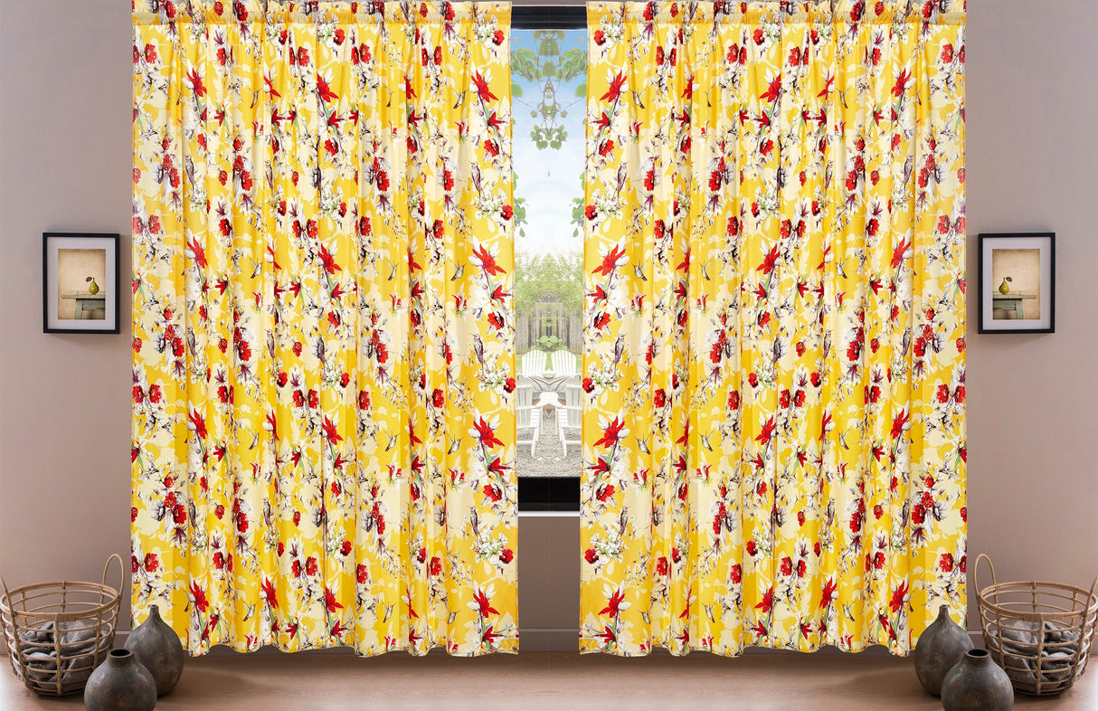 DaDa Bedding Set of 2 Radiant Sunshine Yellow Floral Window Curtain Panels - Natural Semi Sheer Hummingbirds Farmhouse Red Flowers Straight Tailored Edge from DaDalogy Bedding Collection