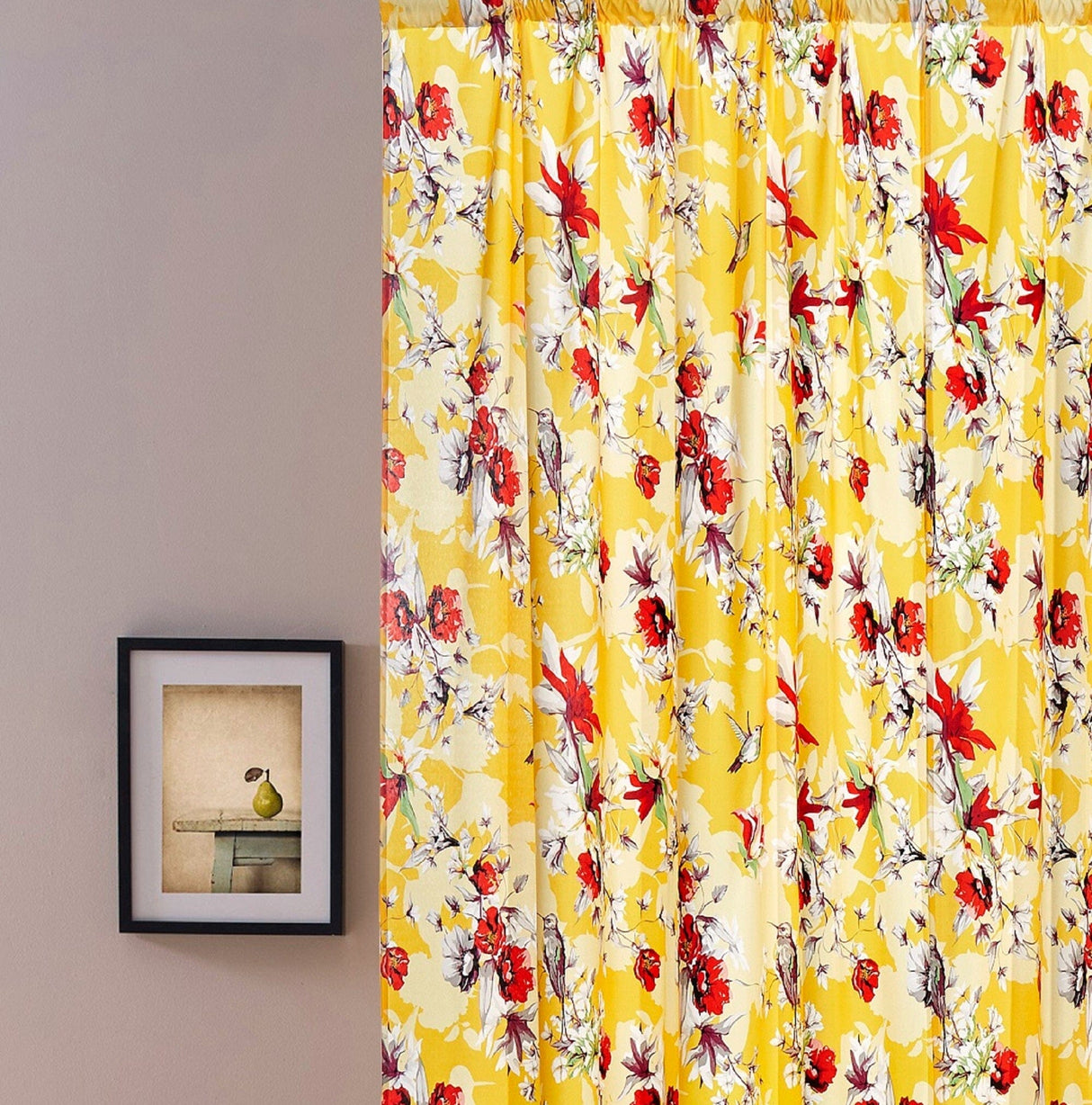 DaDa Bedding Set of 2 Radiant Sunshine Yellow Floral Window Curtain Panels - Natural Semi Sheer Hummingbirds Farmhouse Red Flowers Straight Tailored Edge from DaDalogy Bedding Collection