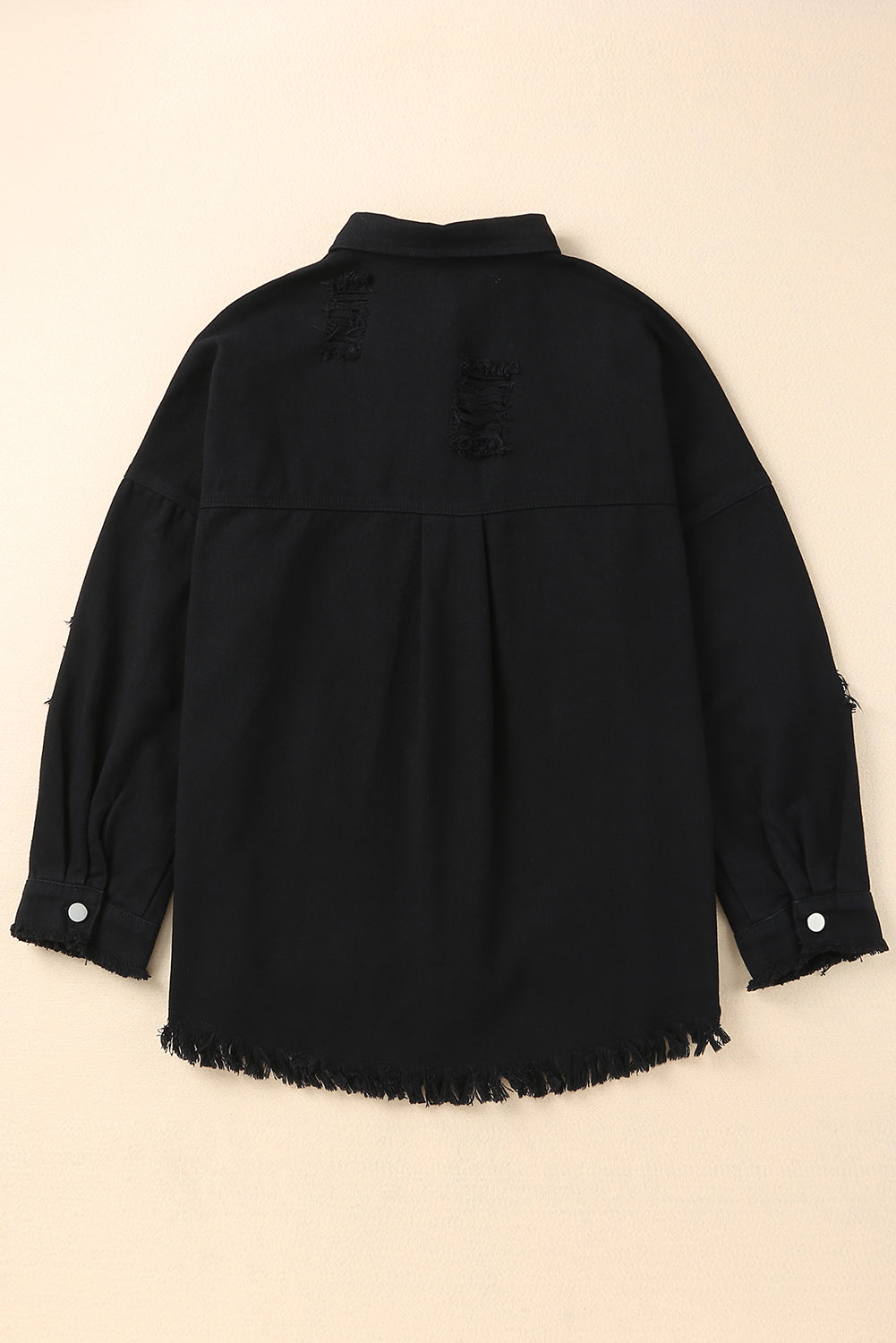 Black Distressed Fringe Trim Denim Jacket from MsDressly