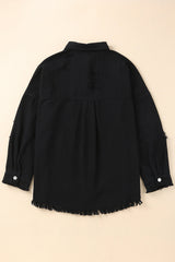 Black Distressed Fringe Trim Denim Jacket from MsDressly