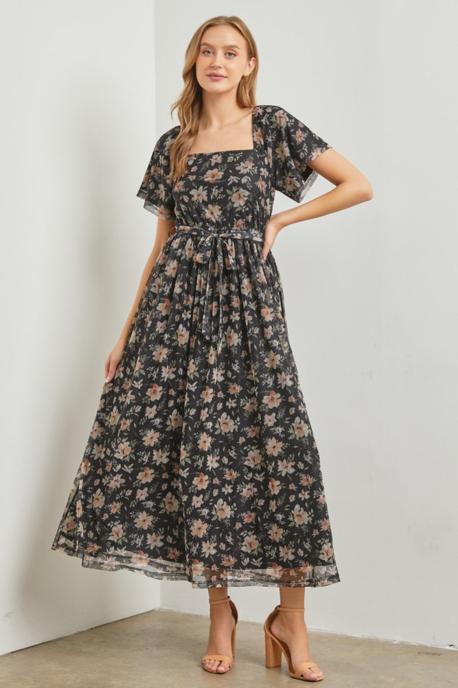 Black Floral Waist Tie Maternity Midi Dress from PinkBlush
