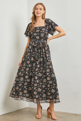 Black Floral Waist Tie Maternity Midi Dress from PinkBlush