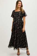 Black Floral Waist Tie Maternity Midi Dress from PinkBlush