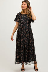 Black Floral Waist Tie Maternity Midi Dress from PinkBlush