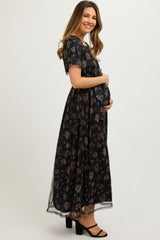 Black Floral Waist Tie Maternity Midi Dress from PinkBlush