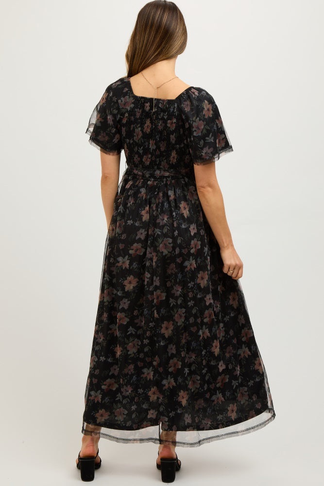 Black Floral Waist Tie Maternity Midi Dress from PinkBlush