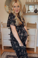 Black Floral Waist Tie Maternity Midi Dress from PinkBlush