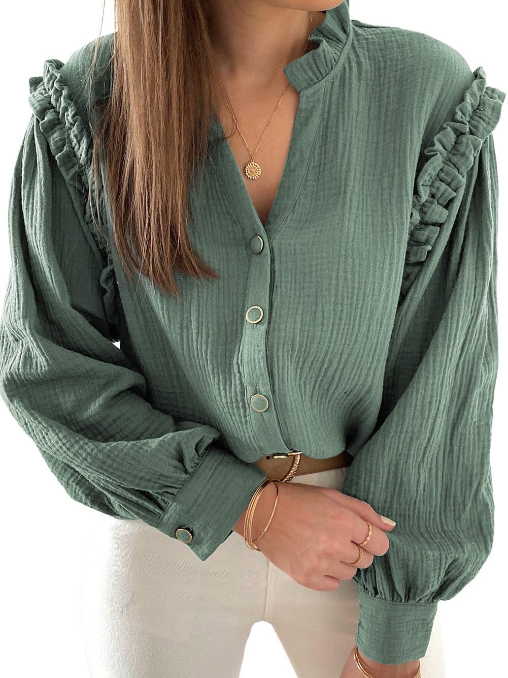 Beaded Button Solid Color Lantern Long Sleeve Coat from MsDressly