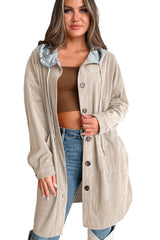 Beige Oversized Corduroy Contrast Hooded Shacket from MsDressly