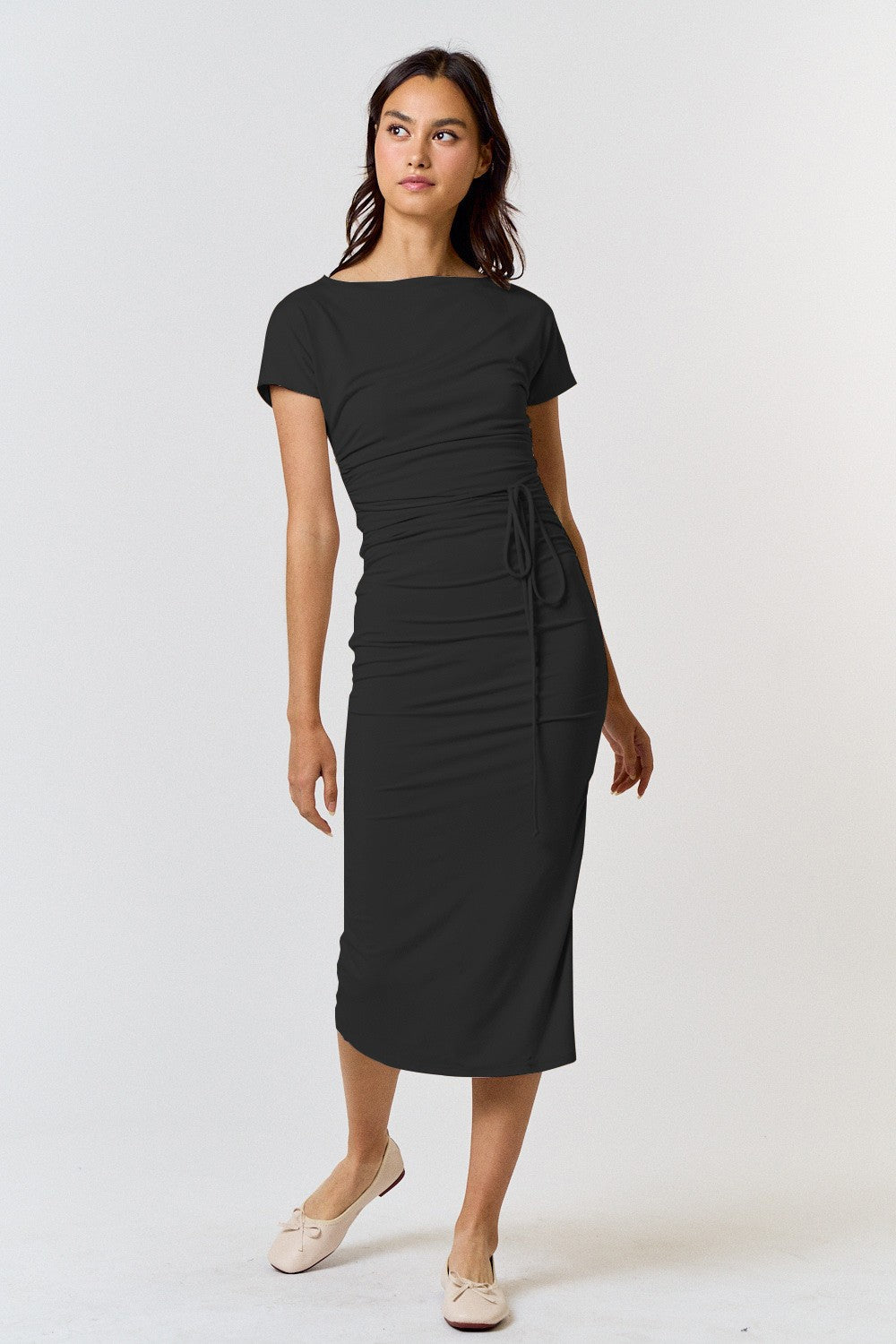 Black Boat Neck Side Ruched Waist Tie Maternity Midi Dress from PinkBlush