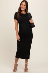 Black Boat Neck Side Ruched Waist Tie Maternity Midi Dress from PinkBlush
