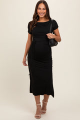 Black Boat Neck Side Ruched Waist Tie Maternity Midi Dress from PinkBlush