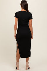 Black Boat Neck Side Ruched Waist Tie Maternity Midi Dress from PinkBlush