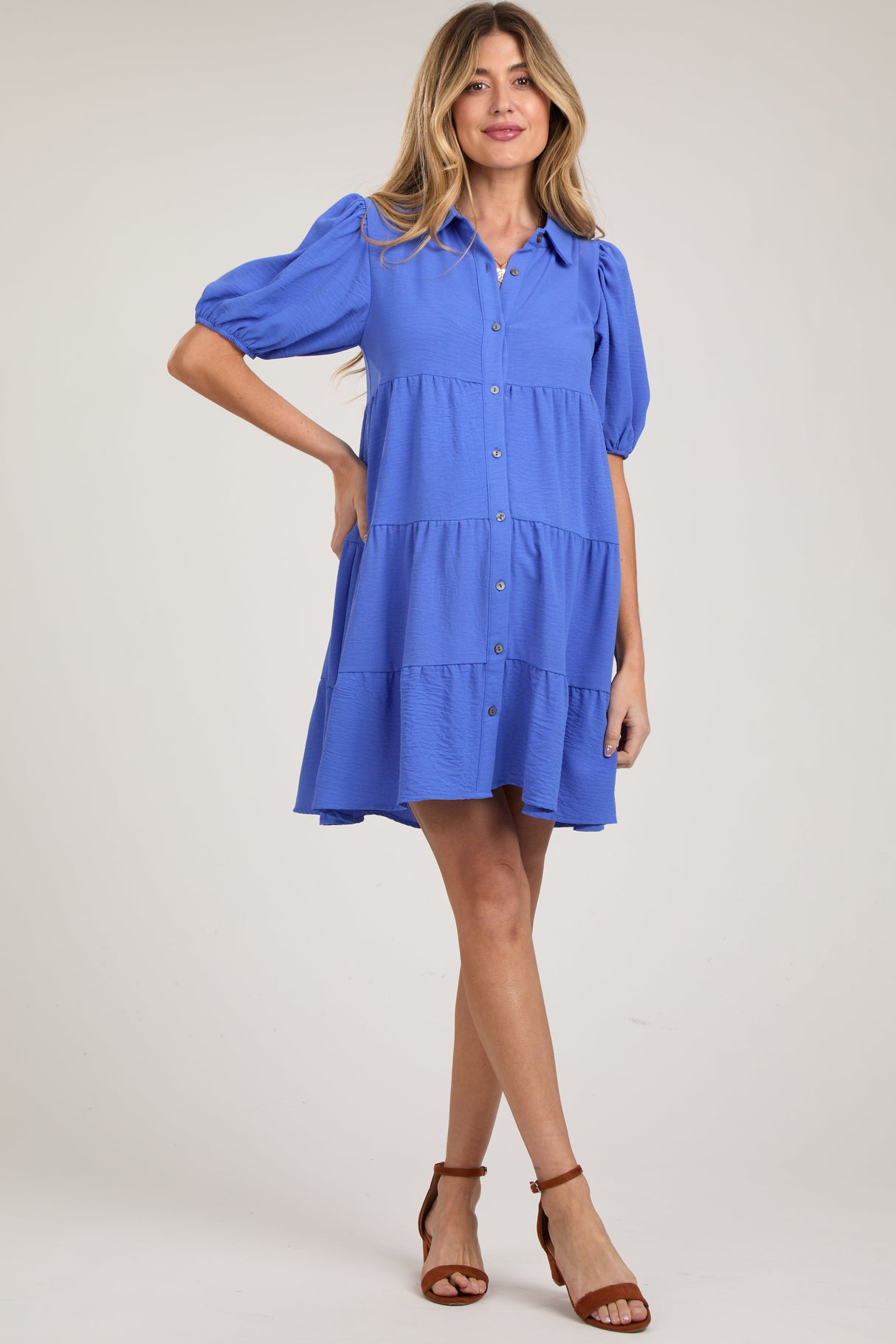 Blue Button Front Tiered Collared Maternity Dress from PinkBlush